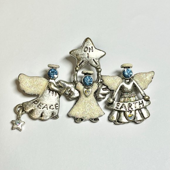 Vintage Christmas Angel Brooch Pin Silver Tone PEACE ON EARTH Star Blue Crystal - Picture 3 of 9